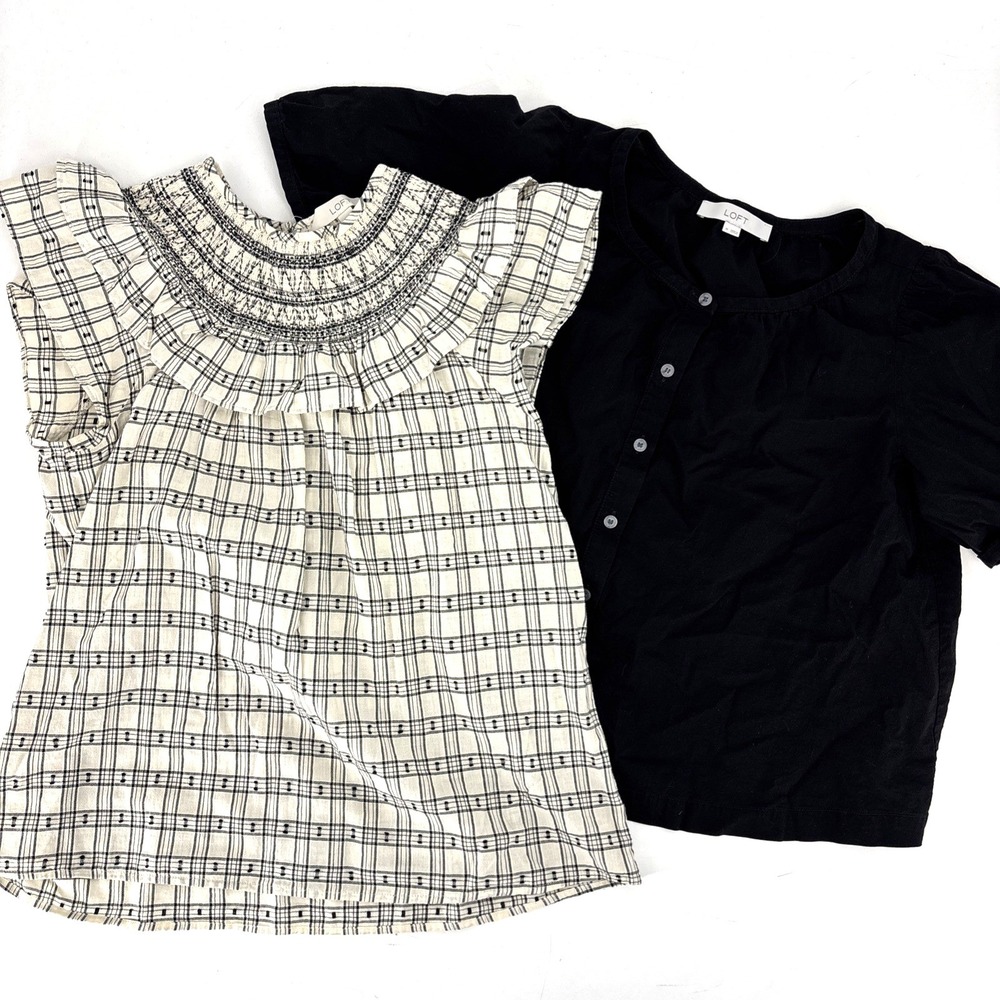 Lot Of 2 LOFT Womens Tops Size Medium Black Button Up‎ & Crean Gingham S/S